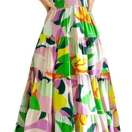 GOLDSTITCH Women's Smocked Maxi Dress Square Neck Ruffle Hem Puffy Short Sleeve Flowy Midi Dress