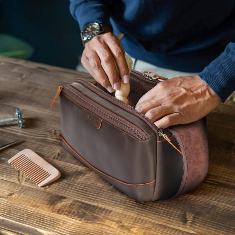 Polare Full Grain Leather Toiletry Bag for Men Large Travel Cosmetic Case Dopp Kit Shaving Kit Wash Pouch with YKK Zippers - Image 4