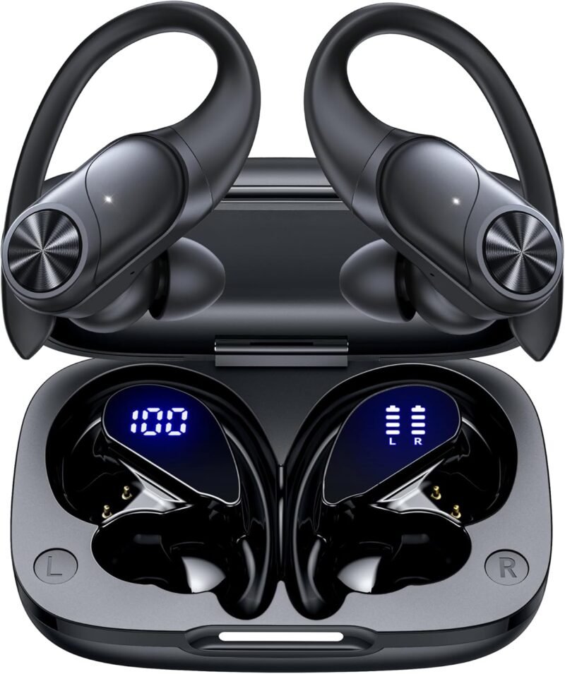 PocBuds Bluetooth Headphones Wireless Earbuds 80hrs Playtime Wireless Charging Case Digital Display Sports Ear Buds with Earhook Deep Bass IPX7 Waterproof Over-Ear Earphones for TV Phone Laptop Black