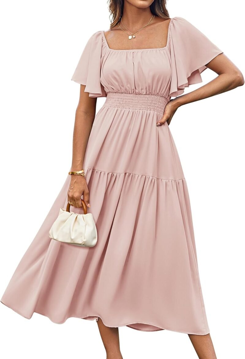 GRACE KARIN Women's Summer Short Sleeve Square Neck Smocked Waist Casual Vacation Tiered Flowy Maxi Dress