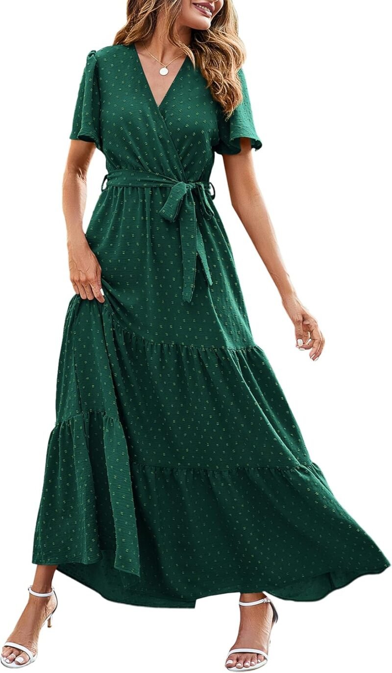 MASCOMODA Womens Boho Swiss Dot Maxi Dresses Wrap V Neck Flutter Short Sleeve Solid Tie Belt A Line Tiered Flowy Long Dress