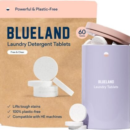 BLUELAND Laundry Detergent Tablets, Starter Set, 60 Count with Tin, Plastic-Free Eco-Friendly Pods, Sheets, Liquid Alternative - Fragrance Free and Clear, Natural, Gentle