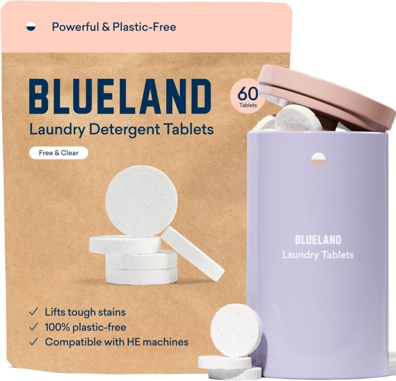 BLUELAND Laundry Detergent Tablets, Starter Set, 60 Count with Tin, Plastic-Free Eco-Friendly Pods, Sheets, Liquid Alternative - Fragrance Free and Clear, Natural, Gentle