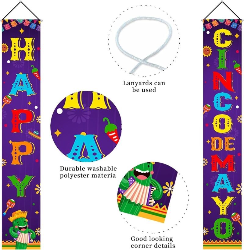 Cinco De Mayo Decorations Banner 2pcs Happy Cinco De Mayo Porch Sign Banner Mexican Fiesta Party Door Decorations 70.8x11.8Inch 5 De Mayo Porch Sign for Mexican Party - Image 4