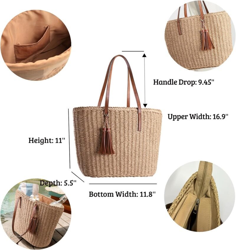 YXILEE Straw Bags For Women | M Size Travel Straw Totes Bag Woven Summer Handmade Shoulder Bag Handbag - Image 6