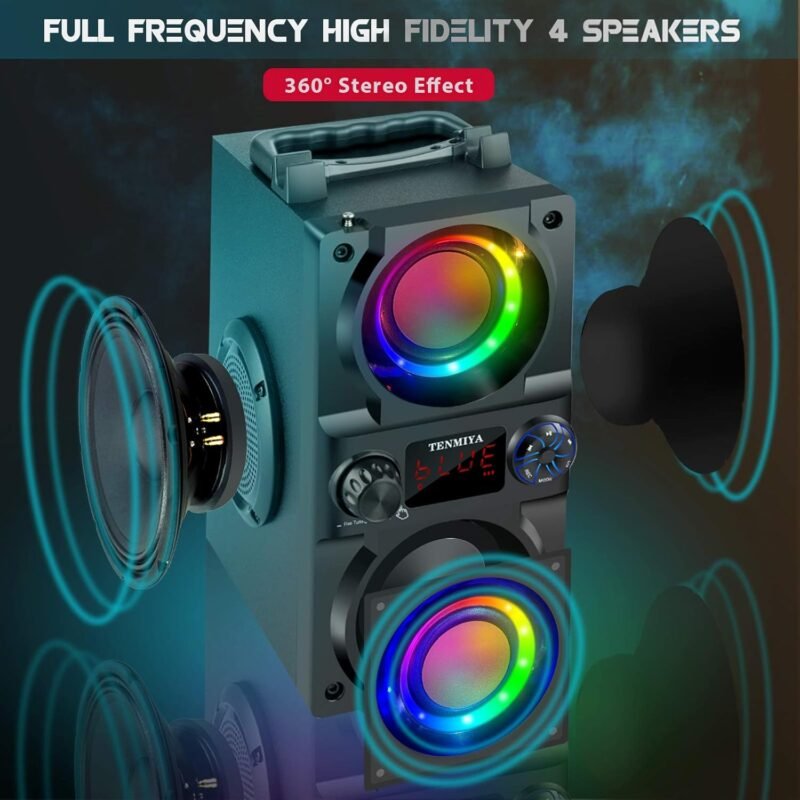 Bluetooth Speaker, 40W (60W Peak) Portable Wireless Speaker with Colorful Lights, Double Subwoofer Heavy Bass, FM Radio, MP3 Player, Bluetooth 5.0, Loud Stereo speakers for Home Outdoor Party Camping - Image 9