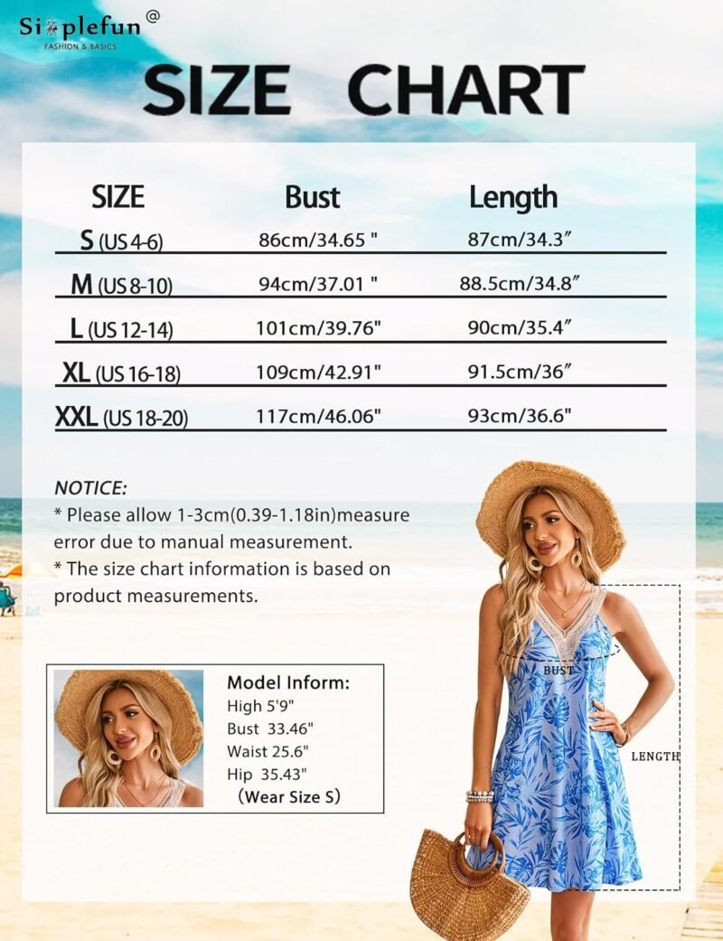 SimpleFun Summer Dresses for Women Beach Lace V-Neck Sundresses Casual Tropical Print Sleeveless Short Dress with Pockets - Image 6