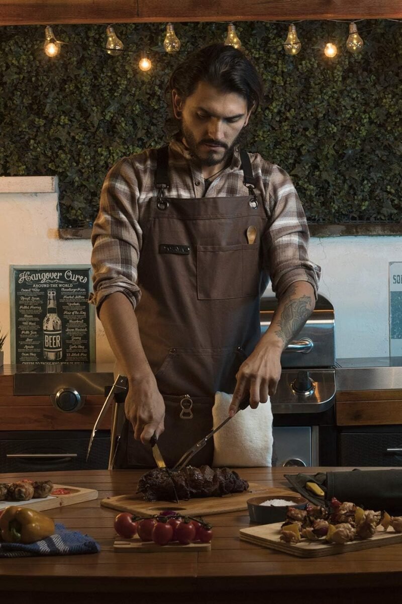 Asaya Chef and BBQ Apron with Bottle Opener and Hand Towel - 10oz Cotton Canvas, Stainless Steel Hardware - Cross Back Straps - Image 5