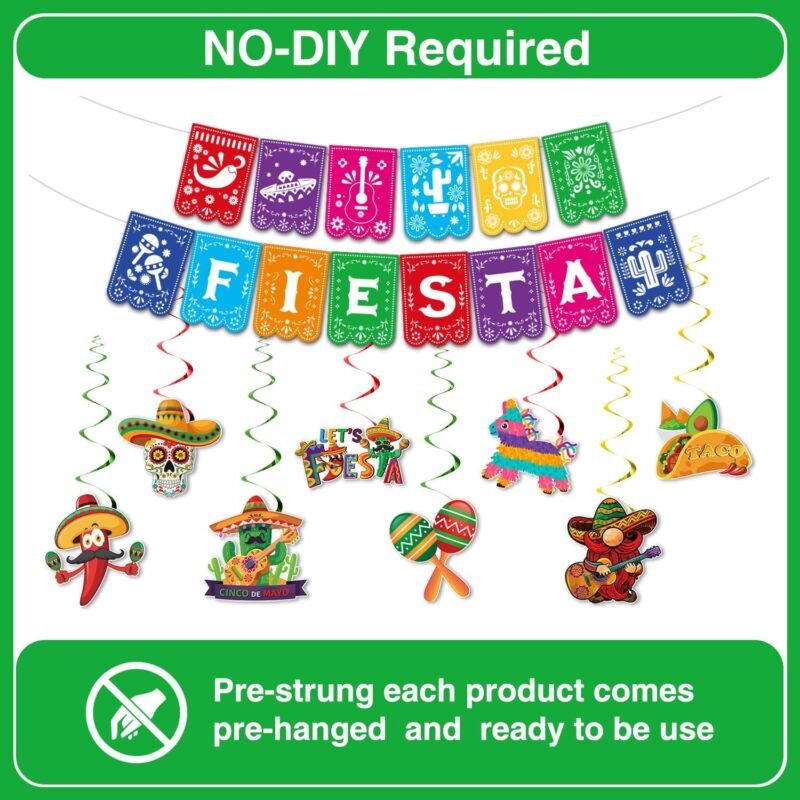 Cinco De Mayo Party Decorations, Preassembly Mexican Themed Fiesta Party Banner Decorations with Pinata Hanging Swirls, Fiesta Party Decor Supply - Image 4