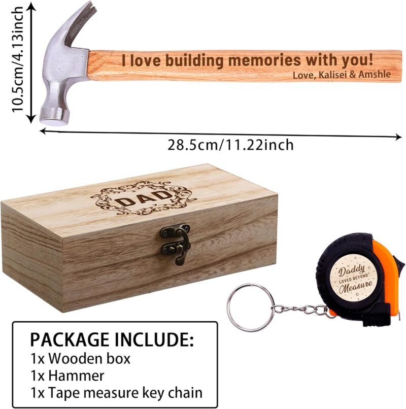 Fathers Day Hammer Set Gift,Engraved Wood Handle Hammer & Mini Tape Measure Keychain Set with Wooden Gift Box for Dad Husband,I Love You Building Memories With You. - Image 2