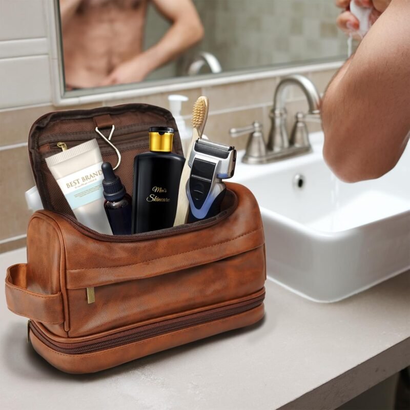 Toiletry Bag for Men, Leather Travel Bag, Waterproof Dopp Kit, Gifts for Him, Boyfriend, Groomsmen, Dad, Traveler, Boys, Grandpa - Image 4