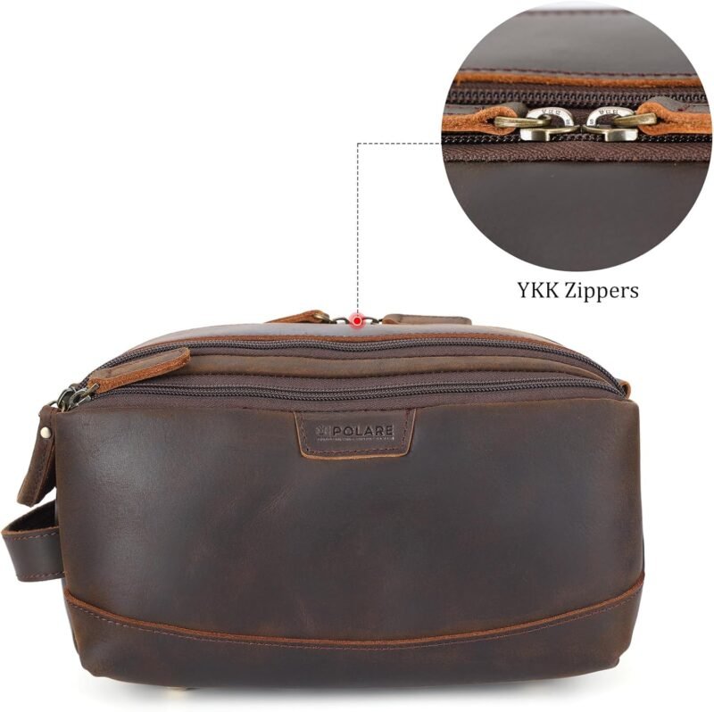 Polare Full Grain Leather Toiletry Bag for Men Large Travel Cosmetic Case Dopp Kit Shaving Kit Wash Pouch with YKK Zippers - Image 2