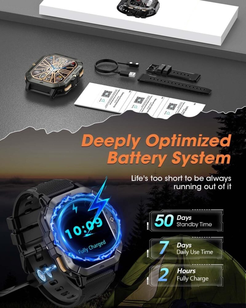 Military Smart Watches for Men (Answer/Make Calls), 2.02'' Fitness Smart Watch for Android and iPhone, Waterproof Fitness Tracker with Blood Pressure/Heart Rate/Sleep/100+ Sport Modes, Watches for Men - Image 6