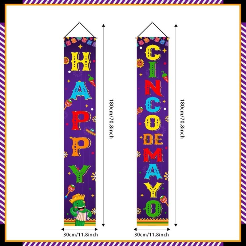 Cinco De Mayo Decorations Banner 2pcs Happy Cinco De Mayo Porch Sign Banner Mexican Fiesta Party Door Decorations 70.8x11.8Inch 5 De Mayo Porch Sign for Mexican Party - Image 3