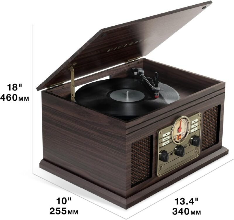 Victrola Nostalgic 6-in-1 Bluetooth Record Player & Multimedia Center with Built-in Speakers - 3-Speed Turntable, CD & Cassette Player, FM Radio | Wireless Music Streaming | Mahogany - Image 8