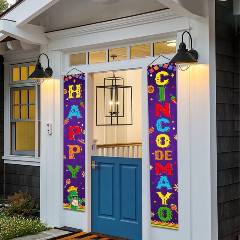 Cinco De Mayo Decorations Banner 2pcs Happy Cinco De Mayo Porch Sign Banner Mexican Fiesta Party Door Decorations 70.8x11.8Inch 5 De Mayo Porch Sign for Mexican Party - Image 7