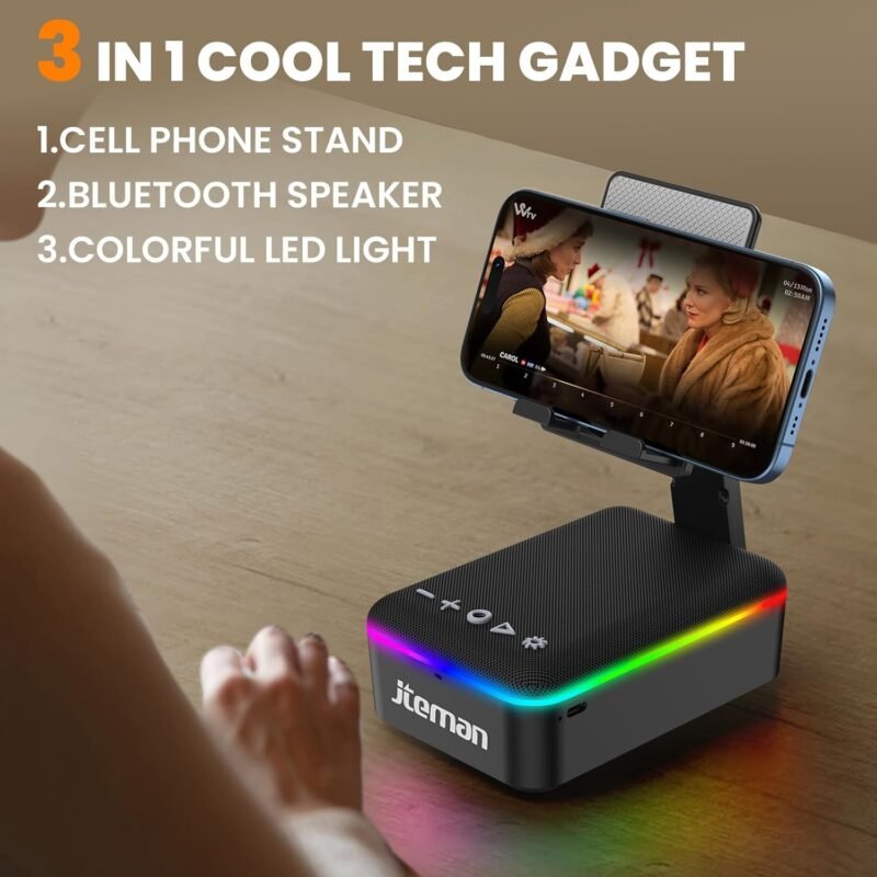 JTEMAN Gifts for Men Women,Cell Phone Stand with Bluetooth Speaker,LED Light,and Lanyard,Cool Tech Gadgets,Unique Birthday Gifts for Men Husband Mom Dad - Image 2