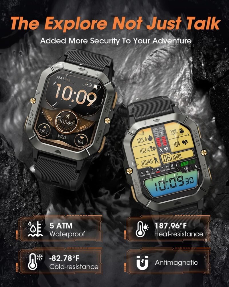 Military Smart Watches for Men (Answer/Make Calls), 2.02'' Fitness Smart Watch for Android and iPhone, Waterproof Fitness Tracker with Blood Pressure/Heart Rate/Sleep/100+ Sport Modes, Watches for Men - Image 2