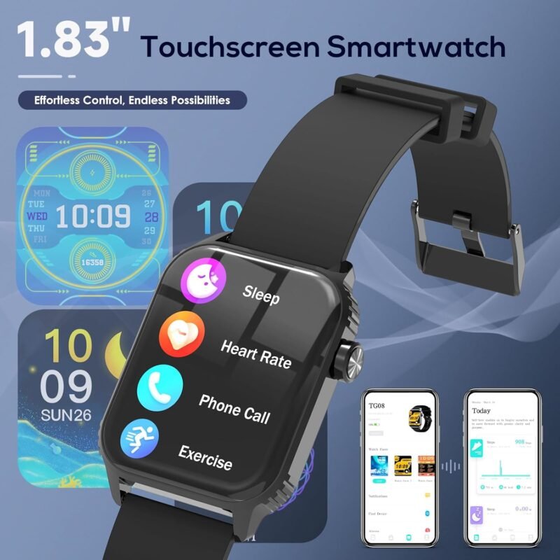 Smart Watches for Women Men, 1.83" HD Smartwatch with 120 Sports Modes, Heart Rate/Sleep Monitor, IP67 Waterproof, Bluetooth Call & Music Control for iPhone/Android - Black - Image 3