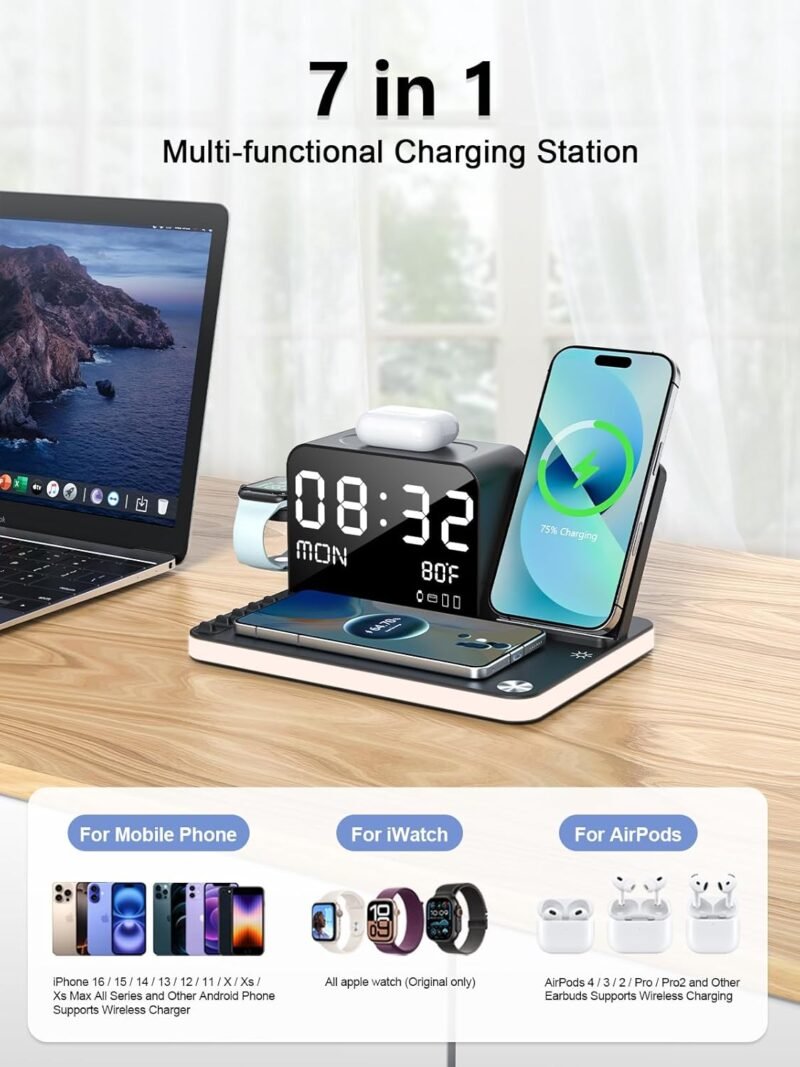 7 in 1 Wireless Charging Station for Apple Device Wireless Charger with Night Light Bluetooth TimeSync Temperature 33W Fast Charger for iPhone 16/15/14/13/12 Pro Max Android Phone Airpods Apple Watch - Image 2