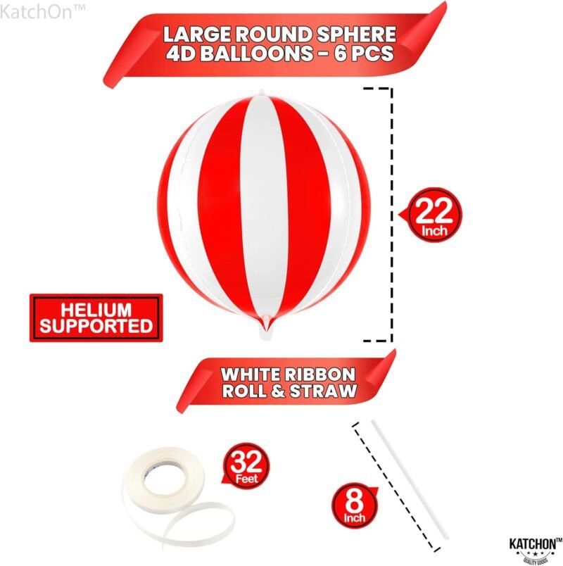 KatchOn Red and White Carnival Balloons - Pack of 6 | Circus Decorations | Striped Balloons for Theme Party - Image 4