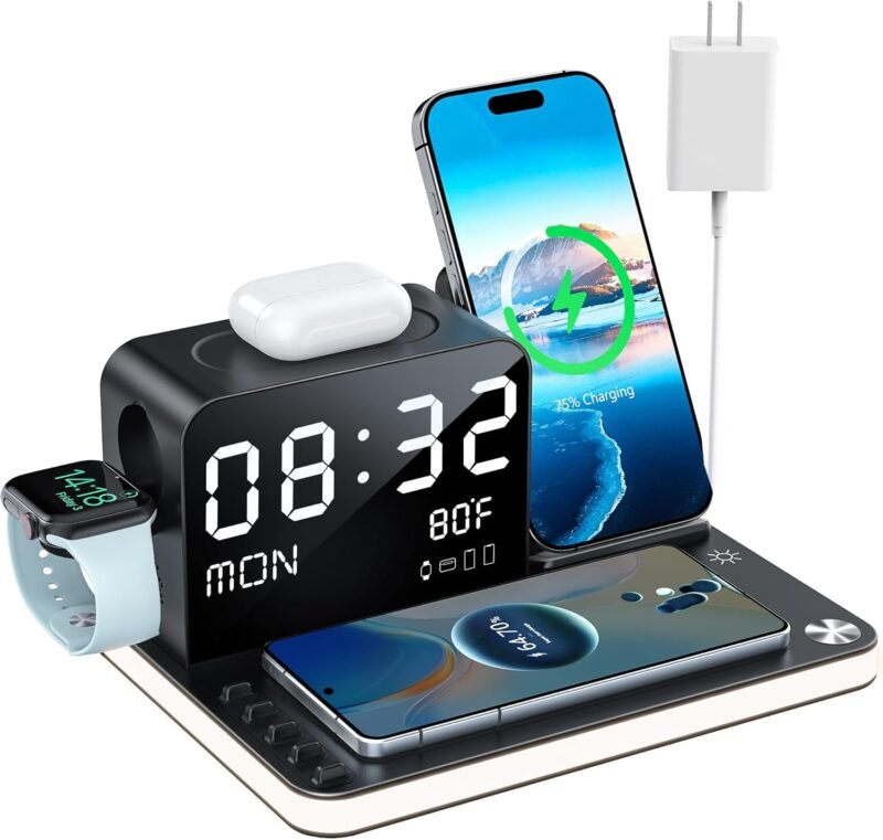 7 in 1 Wireless Charging Station for Apple Device Wireless Charger with Night Light Bluetooth TimeSync Temperature 33W Fast Charger for iPhone 16/15/14/13/12 Pro Max Android Phone Airpods Apple Watch