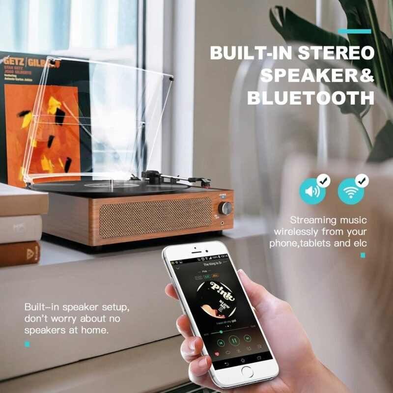 Vinyl Record Player with Speakers Vintage Turntable for Vinyl Records Belt-Driven Turntable Support 3-Speed Bluetooth Playback Headphone AUX RCA Line LP Vinyl Players for Sound Enjoyment Retro Brown - Image 4