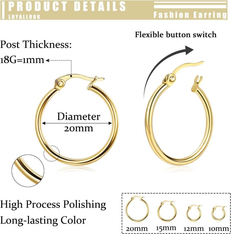 LOYALLOOK Gold Hoop Earrings Set Stainless Steel Rounded Small Hoop Earrings Set for Women Cute Huggie Earrings Nickel Free 10/12/15/20MM - Image 2