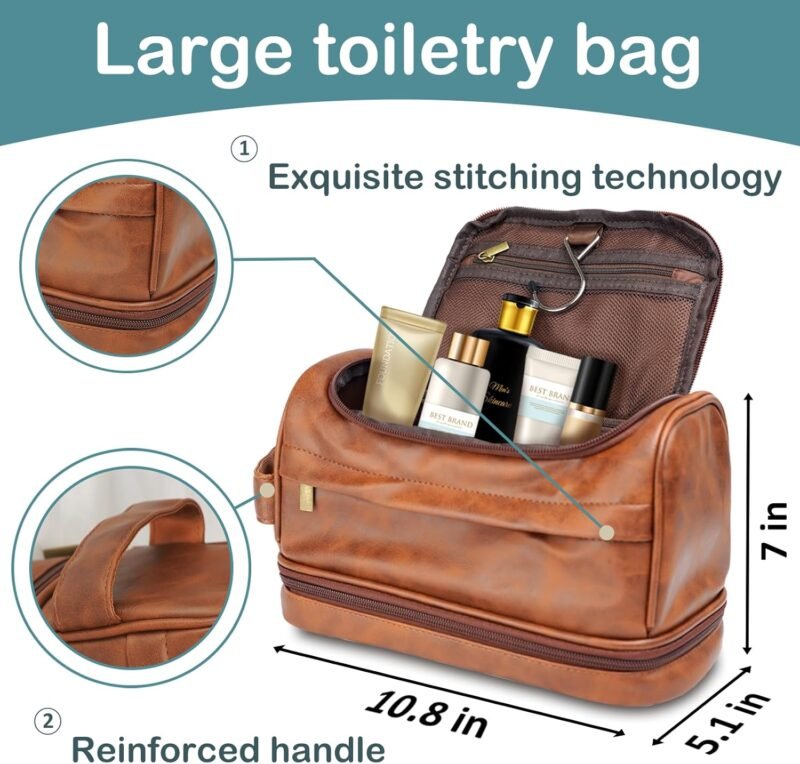 Toiletry Bag for Men, Leather Travel Bag, Waterproof Dopp Kit, Gifts for Him, Boyfriend, Groomsmen, Dad, Traveler, Boys, Grandpa - Image 2