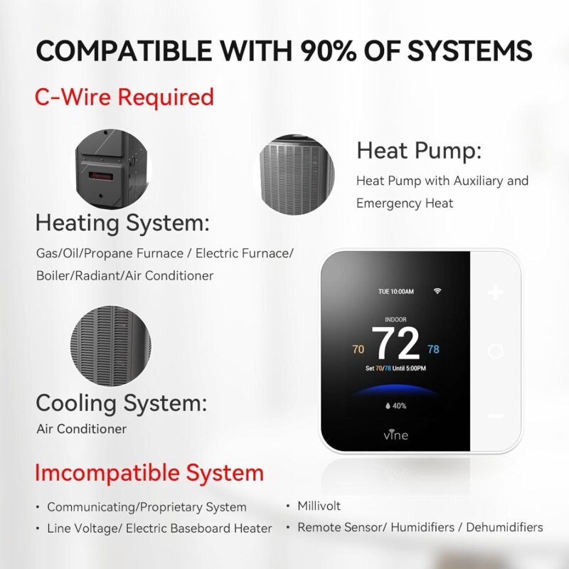 Vine Thermostat for Home with Touchscreen Color Display, WiFi Smart Thermostat Compatible with Alexa and Google Assistant, 7day/8period Programmable, Energy Saving, C-Wire Required, Screen Size 2.8" - Image 2