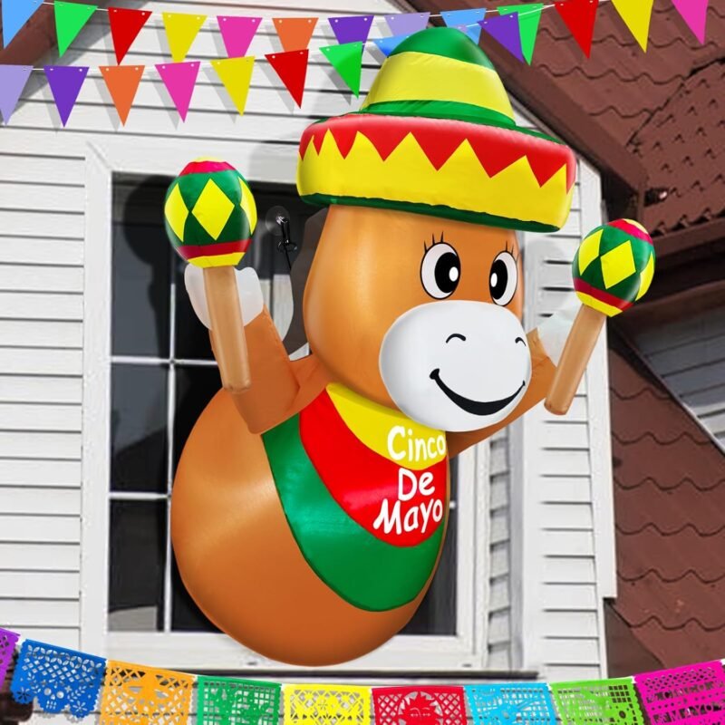 TURNMEON 4 Ft Cinco De Mayo Inflatables Outdoor Decorations Blow Up Fiesta Donkey with Sombrero Maraca Lean Out from Window Built-in LED for May 5 Mexican Fiesta Party Decorations Yard Lawn Garden - Image 2