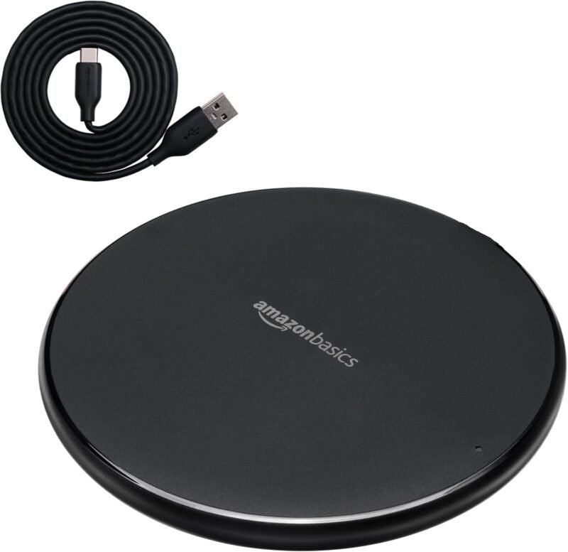 Amazon Basics 15W Qi Certified Wireless Charging Pad for iPhone 16/15/14/13/12/11/X, Samsung and More, with USB Cable, Black
