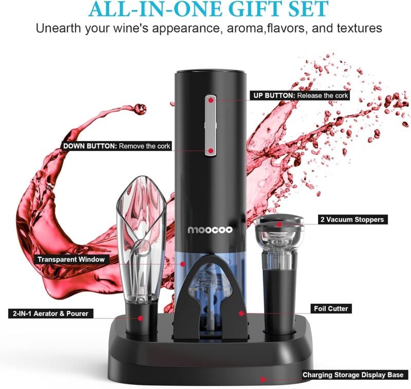 Electric Wine Opener with Charging Base, Cordless Electric Wine Bottle Opener with 2-in-1 Aerator &Pourer, Foil Cutter, 2 Vacuum Preservation Stoppers, Display Charging Station for Easy Storage - Image 6