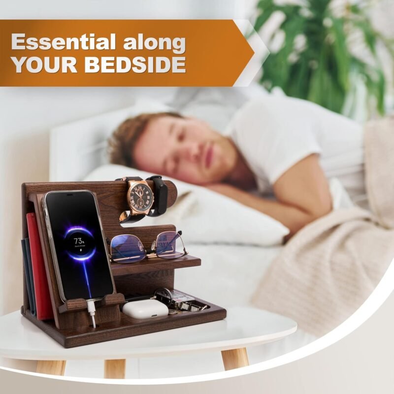 TESLYAR Wood Phone Docking Station for Men - Desktop or Nightstand Organizer - Birthday Gifts for Men, Dad - Anniversary Idea from Wife - Key Holder, Stand Wallet, Watch & Essentials (Antique Brown) - Image 8