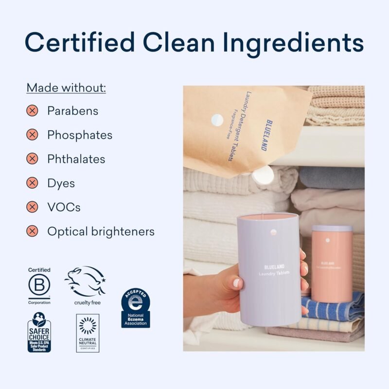 BLUELAND Laundry Detergent Tablets, Starter Set, 60 Count with Tin, Plastic-Free Eco-Friendly Pods, Sheets, Liquid Alternative - Fragrance Free and Clear, Natural, Gentle - Image 4