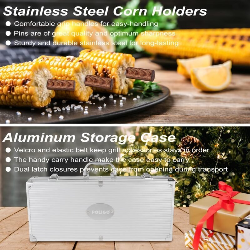 POLIGO 22PCS Heavy Duty BBQ Grill Accessories Set, Non-Slip Grill Tools for Outdoor Grill Set Thicker Stainless Steel Grill Utensils Set, Deluxe Grilling Tools Set in Aluminum Case Ideal Gifts for Men - Image 8
