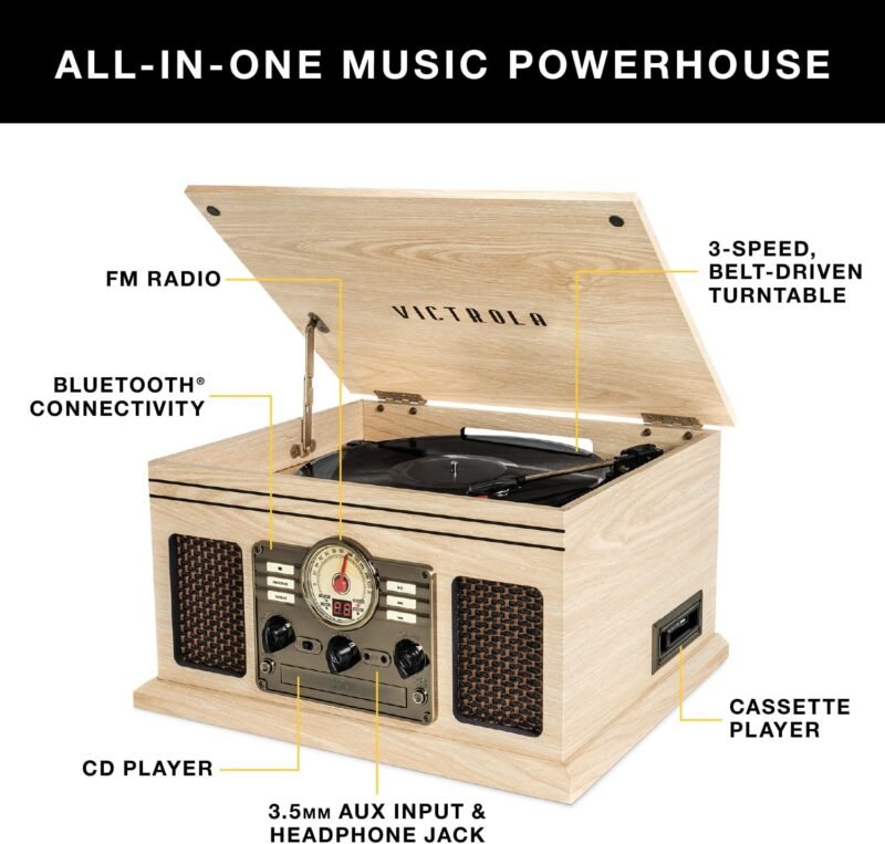 Victrola Nostalgic 6-in-1 Bluetooth Record Player & Multimedia Center with Built-in Speakers - 3-Speed Turntable, CD & Cassette Player, FM Radio | Wireless Music Streaming | Mahogany - Image 2