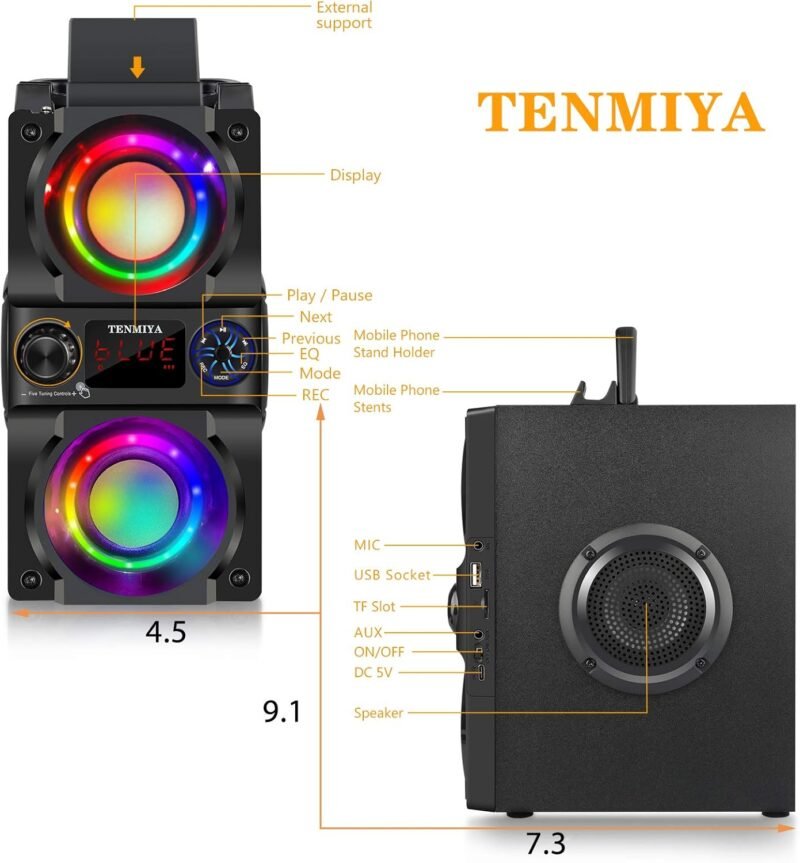 Bluetooth Speaker, 40W (60W Peak) Portable Wireless Speaker with Colorful Lights, Double Subwoofer Heavy Bass, FM Radio, MP3 Player, Bluetooth 5.0, Loud Stereo speakers for Home Outdoor Party Camping - Image 8