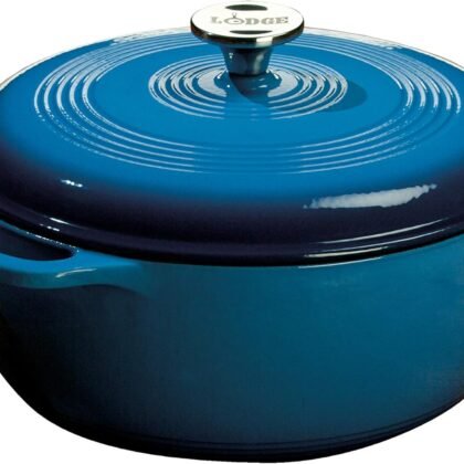 Lodge 6 Quart Enameled Cast Iron Dutch Oven with Lid – Dual Handles – Oven Safe up to 500° F or on Stovetop - Use to Marinate, Cook, Bake, Refrigerate and Serve – Blue
