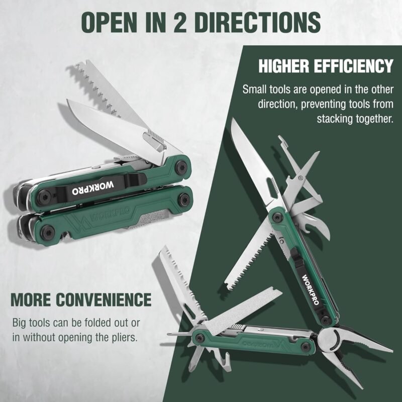 WORKPRO 18-in-1 Multi Tool Pliers, Stainless Steel EDC Multitool with Pocket Knife, 2 Safety Locks, Belt Clip and Oxford Pouch, Multipurpose Utility Multiuse Tool for Camping Outdoor Activities - Image 5