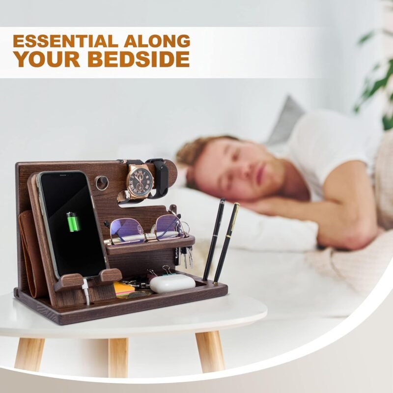 TESLYAR Wood Phone Docking Station for Men - Desk or Nightstand Organizer - Birthday Gifts for Husband, Dad - Anniversary Idea from Wife - Key Holder, Stand Wallet, Watch & Essentials (Bourbon Brown) - Image 5