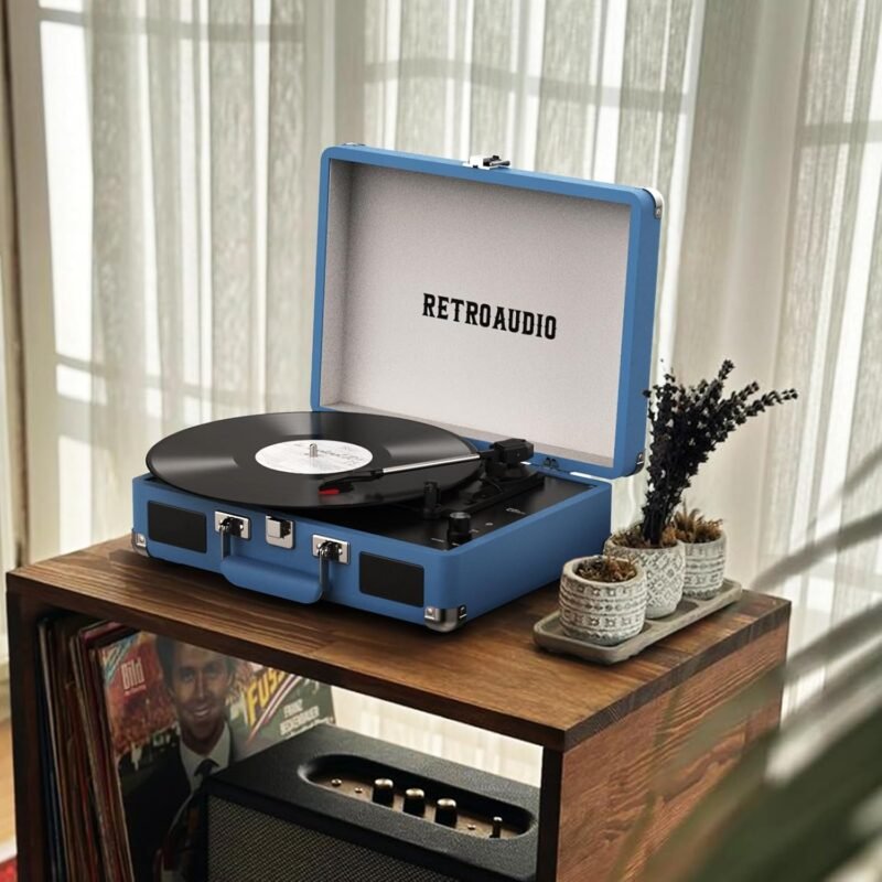 Vinyl Record Player Bluetooth Vintage Portable Suitcase Turntable with Built-in Speakers 3-Speed Belt-Driven Record Player Support RCA Output and Headphone Output - Image 7