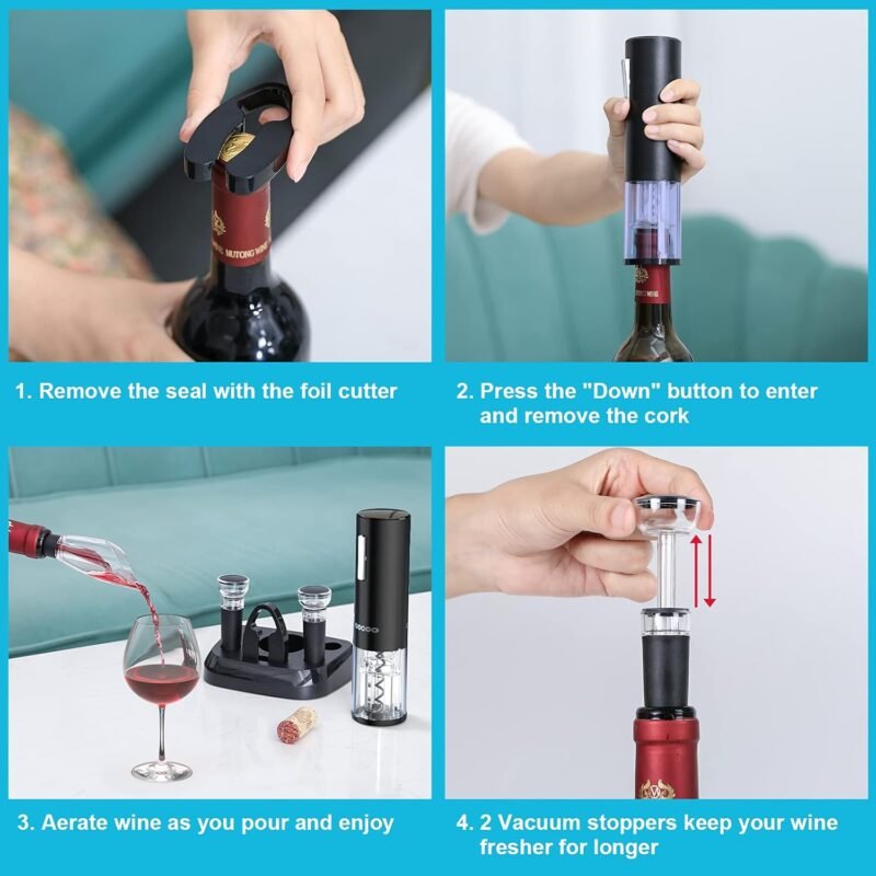 Electric Wine Opener with Charging Base, Cordless Electric Wine Bottle Opener with 2-in-1 Aerator &Pourer, Foil Cutter, 2 Vacuum Preservation Stoppers, Display Charging Station for Easy Storage - Image 5