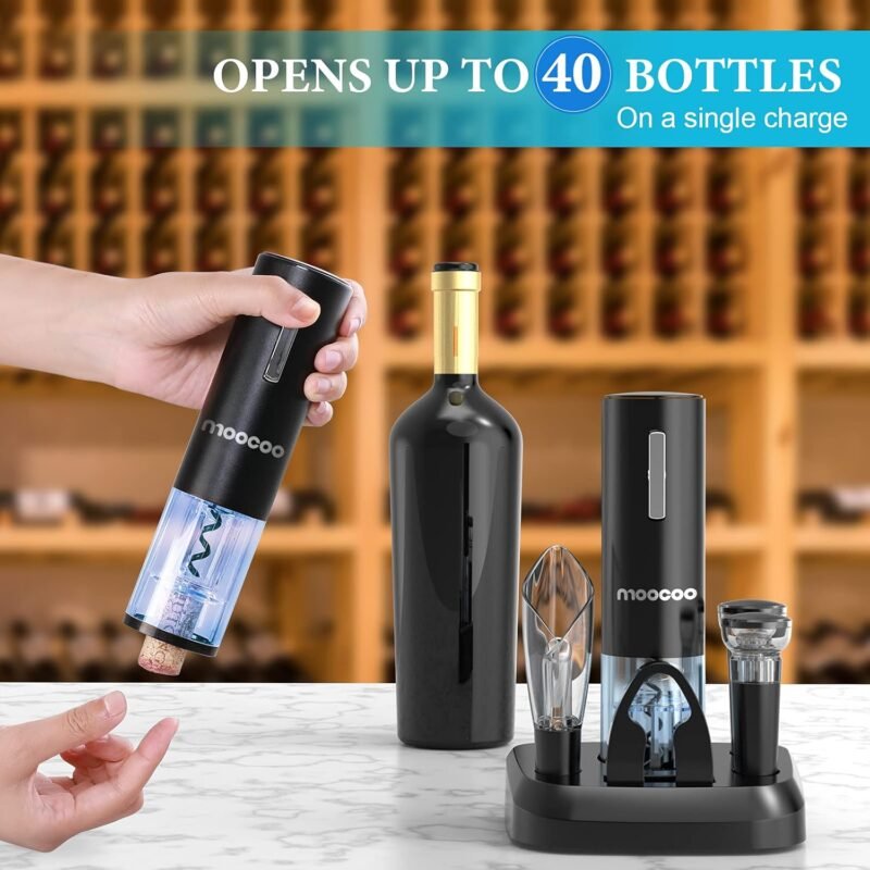 Electric Wine Opener with Charging Base, Cordless Electric Wine Bottle Opener with 2-in-1 Aerator &Pourer, Foil Cutter, 2 Vacuum Preservation Stoppers, Display Charging Station for Easy Storage - Image 4