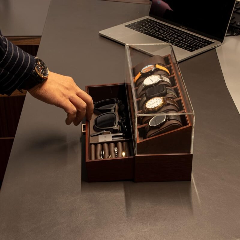 KAMIER High End Wooden Watch Box with 6 Slots & Glass Lid - 2-Layer Jewelry Organizer for Men - Watch Display Case, Ideal Business Gift for Watch Enthusiasts （with Gift Box）, Walnut - Image 4