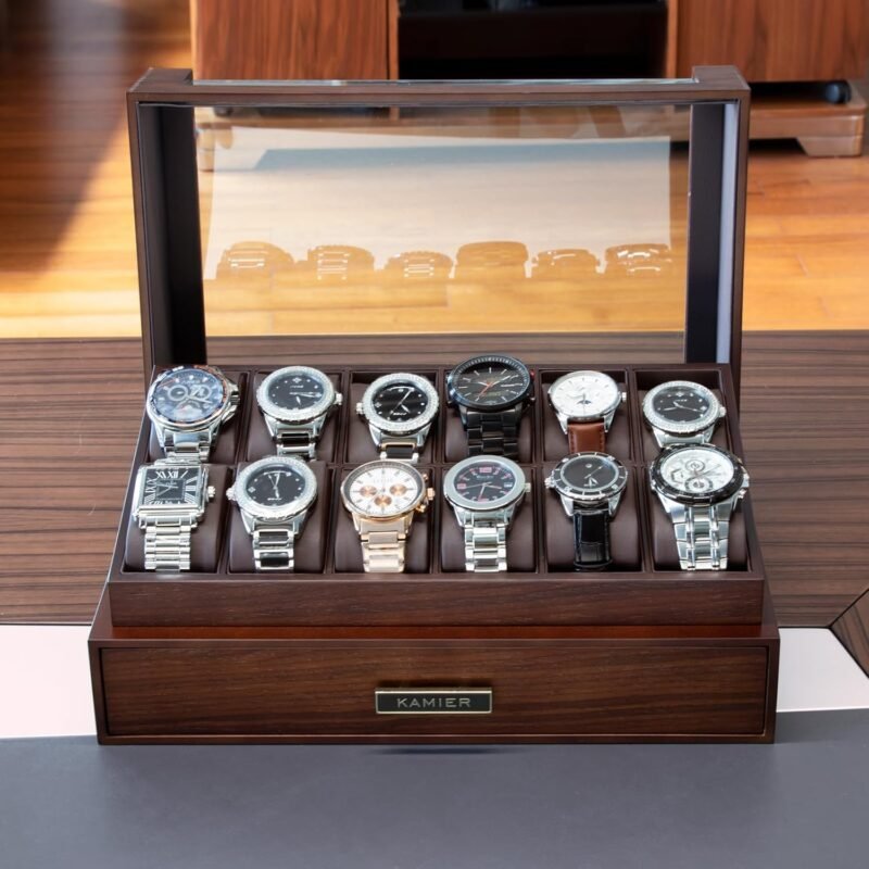 High End Watch Box for Men, 12 Slot Wooden Watch Case With Drawer, Watch Display Box with Glass Lid, 2-Layer Watch Holder for Jewelry and Watch Storage for Men Women , Ideal for Gift (With Gift Box) - Image 3