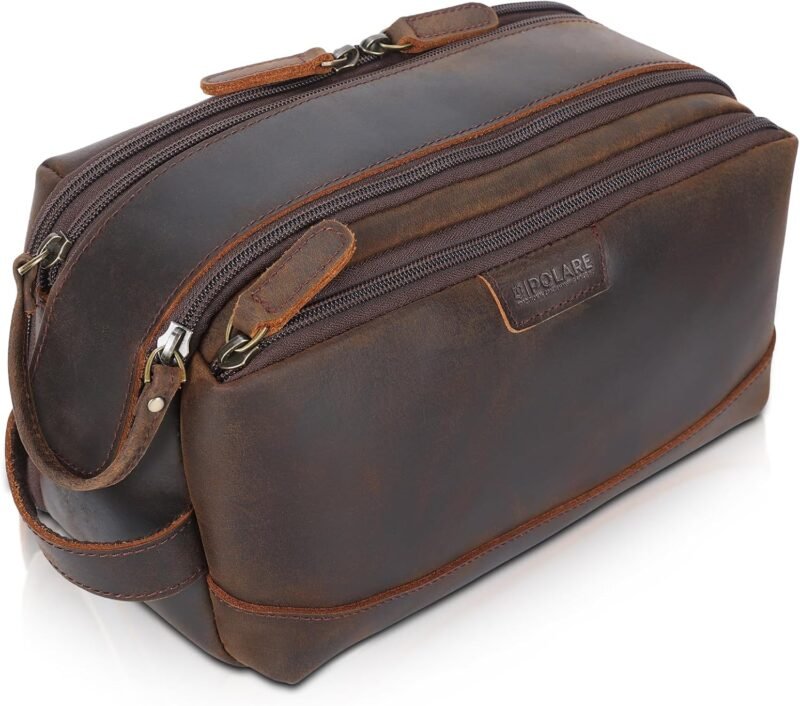 Polare Full Grain Leather Toiletry Bag for Men Large Travel Cosmetic Case Dopp Kit Shaving Kit Wash Pouch with YKK Zippers
