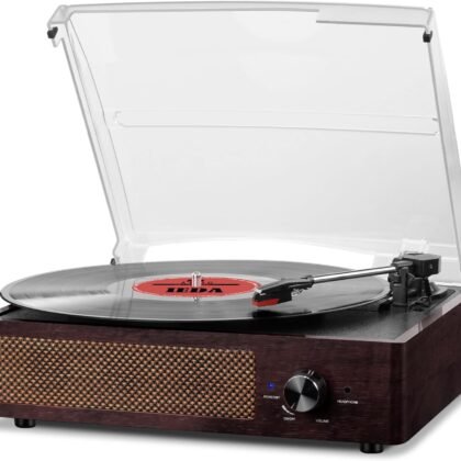 Bluetooth Vinyl Record Player,3-Speed Turntable with Stereo Speakers Vintage Phonograph Record Player, with RCA Line Out AUX in Headphone Jack (Brown)