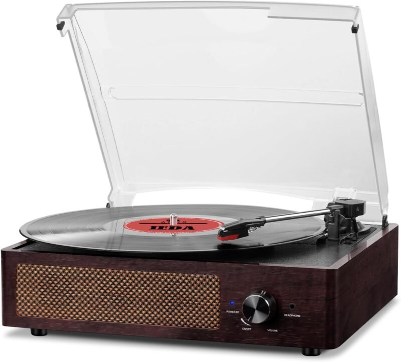 Bluetooth Vinyl Record Player,3-Speed Turntable with Stereo Speakers Vintage Phonograph Record Player, with RCA Line Out AUX in Headphone Jack (Brown)
