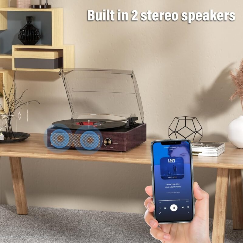 Bluetooth Vinyl Record Player,3-Speed Turntable with Stereo Speakers Vintage Phonograph Record Player, with RCA Line Out AUX in Headphone Jack (Brown) - Image 6